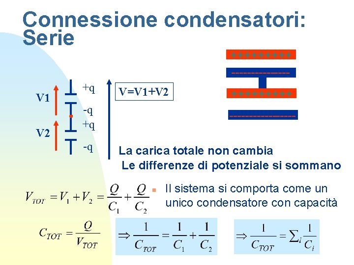 Connessione condensatori: Serie +++++ -------- V 1 V 2 +q V=V 1+V 2 -q Connessione condensatori: Serie +++++ -------- V 1 V 2 +q V=V 1+V 2 -q