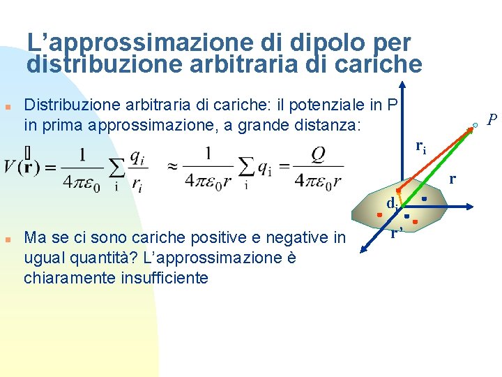 L’approssimazione di dipolo per distribuzione arbitraria di cariche n Distribuzione arbitraria di cariche: il L’approssimazione di dipolo per distribuzione arbitraria di cariche n Distribuzione arbitraria di cariche: il