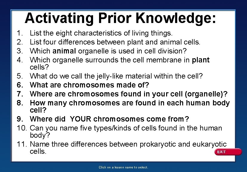 Activating Prior Knowledge: 1. 2. 3. 4. 5. 6. 7. 8. 9. 10. 11.