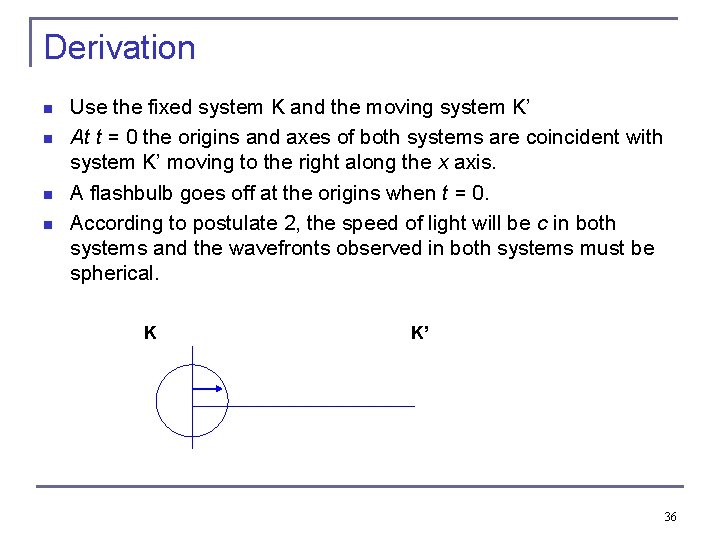 Derivation Use the fixed system K and the moving system K’ n At t