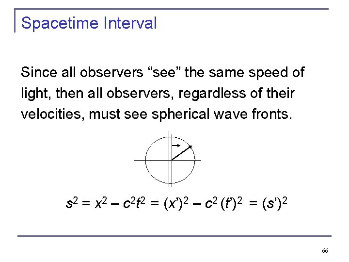 Spacetime Interval Since all observers “see” the same speed of light, then all observers,