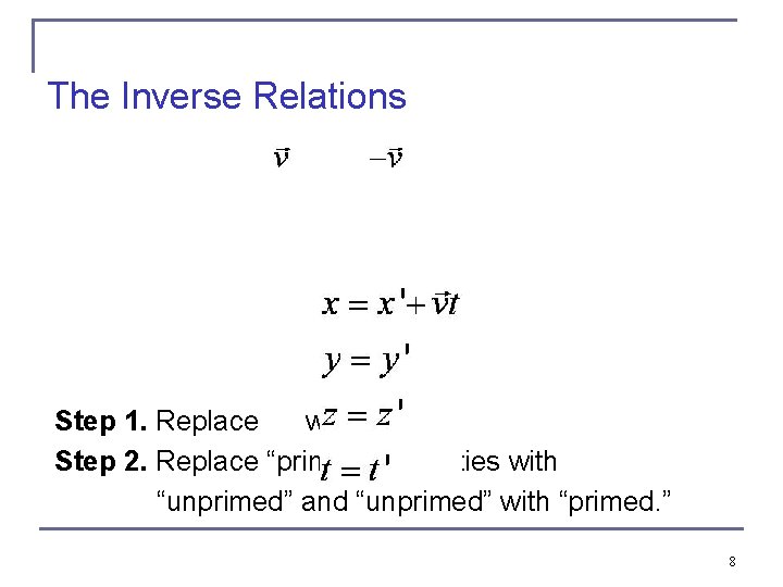 The Inverse Relations Step 1. Replace with . Step 2. Replace “primed” quantities with
