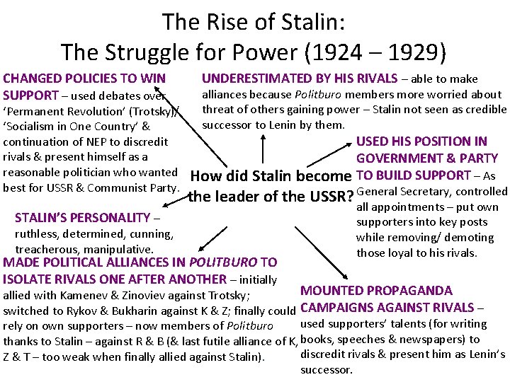 The Rise of Stalin: The Struggle for Power (1924 – 1929) CHANGED POLICIES TO