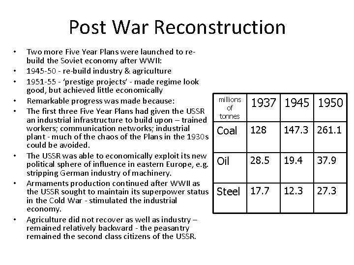 Post War Reconstruction • • Two more Five Year Plans were launched to rebuild