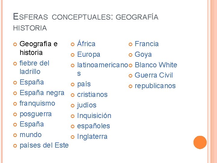 ESFERAS CONCEPTUALES: GEOGRAFÍA HISTORIA Francia Geografía e África historia Goya Europa fiebre del latinoamericano