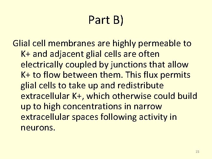 Part B) Glial cell membranes are highly permeable to K+ and adjacent glial cells