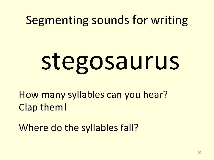 Segmenting sounds for writing stegosaurus How many syllables can you hear? Clap them! Where