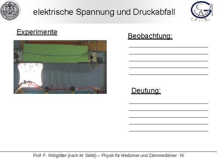 elektrische Spannung und Druckabfall Experimente Beobachtung: Deutung: Prof. F. Wörgötter (nach M. Seibt) --