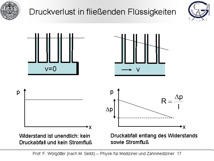 Druckverlust in fließenden Flüssigkeiten v=0 v p p Dp x x Widerstand ist unendlich: