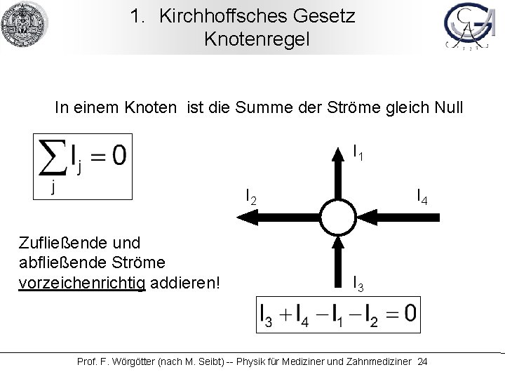 1. Kirchhoffsches Gesetz Knotenregel In einem Knoten ist die Summe der Ströme gleich Null