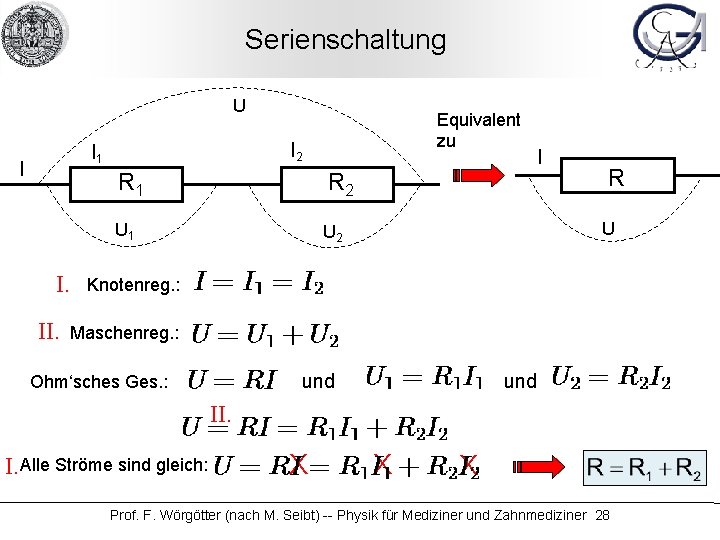 Serienschaltung U I 2 I 1 I I. II. Equivalent zu R 1 R