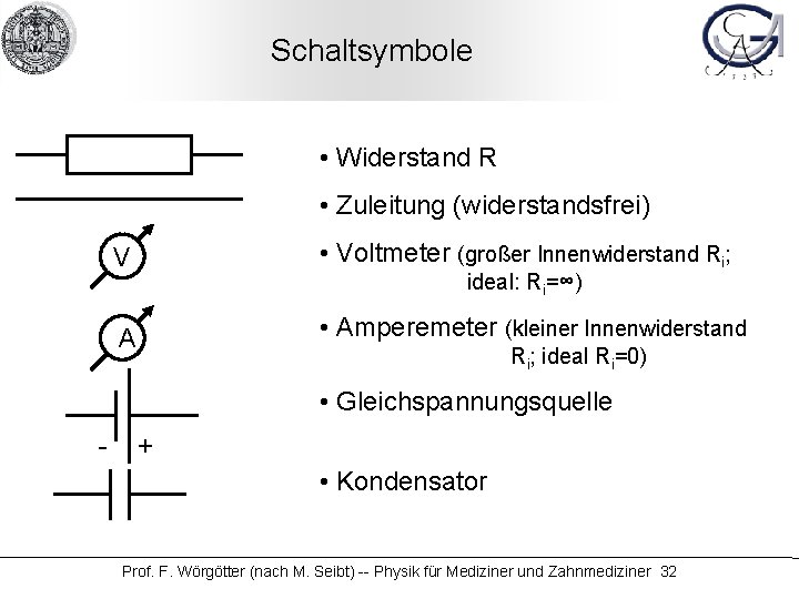 Schaltsymbole • Widerstand R • Zuleitung (widerstandsfrei) V • Voltmeter (großer Innenwiderstand Ri; A