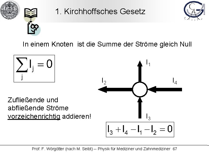 1. Kirchhoffsches Gesetz In einem Knoten ist die Summe der Ströme gleich Null I