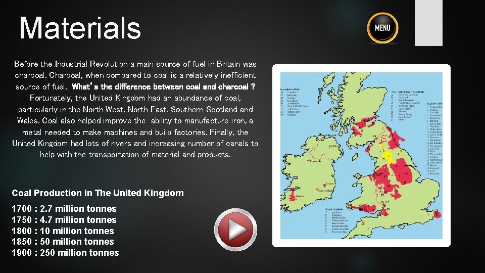 Materials Before the Industrial Revolution a main source of fuel in Britain was charcoal. Materials Before the Industrial Revolution a main source of fuel in Britain was charcoal.