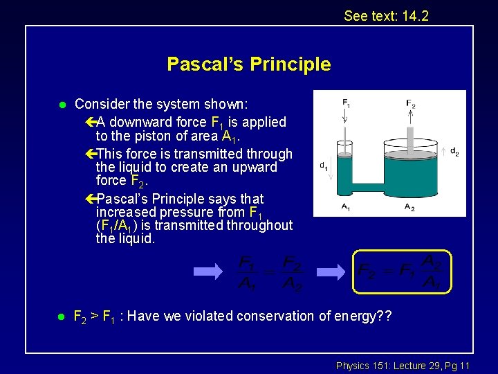See text: 14. 2 Pascal’s Principle l Consider the system shown: çA downward force See text: 14. 2 Pascal’s Principle l Consider the system shown: çA downward force