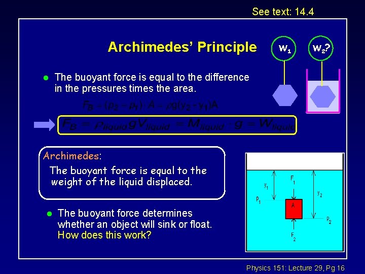 See text: 14. 4 Archimedes’ Principle l W 1 W 2 ? The buoyant