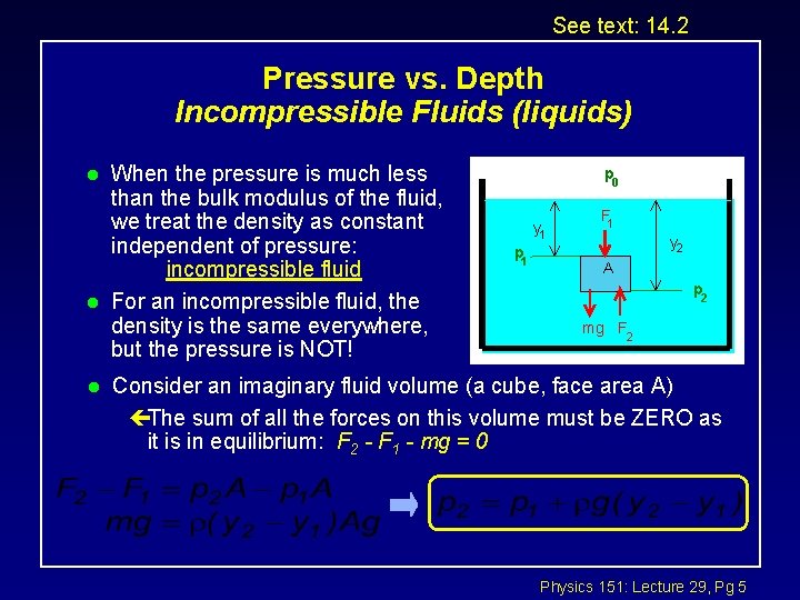 See text: 14. 2 Pressure vs. Depth Incompressible Fluids (liquids) l l l When See text: 14. 2 Pressure vs. Depth Incompressible Fluids (liquids) l l l When