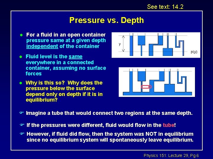 See text: 14. 2 Pressure vs. Depth l For a fluid in an open