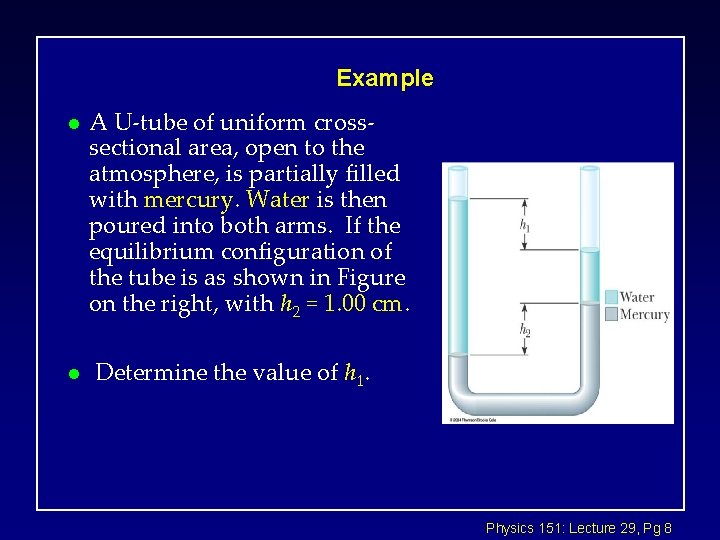 Example l l A U-tube of uniform crosssectional area, open to the atmosphere, is Example l l A U-tube of uniform crosssectional area, open to the atmosphere, is