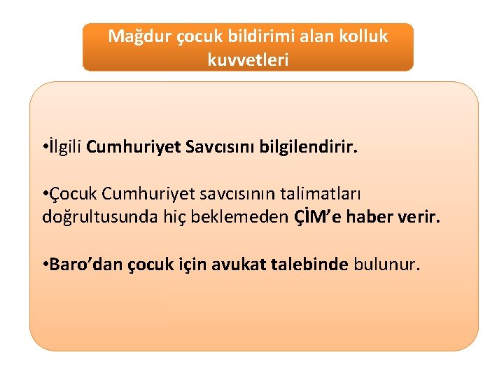 Mağdur çocuk bildirimi alan kolluk kuvvetleri • İlgili Cumhuriyet Savcısını bilgilendirir. • Çocuk Cumhuriyet