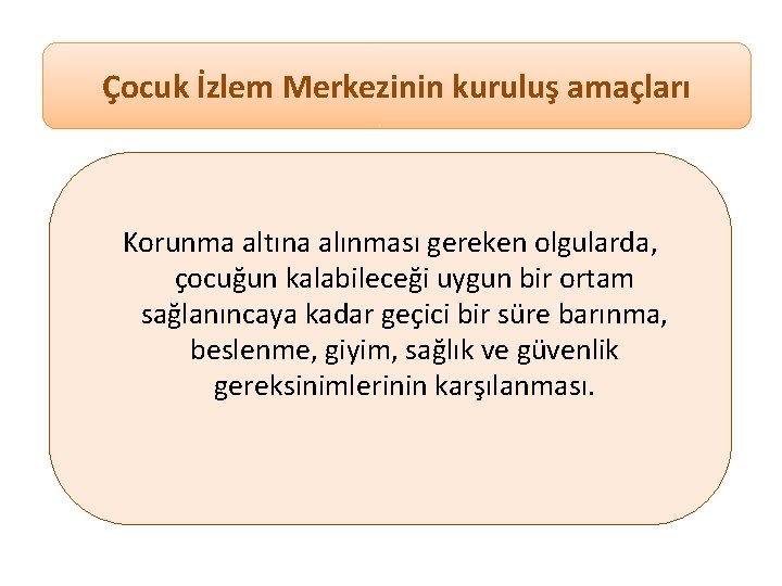 Çocuk İzlem Merkezinin kuruluş amaçları Korunma altına alınması gereken olgularda, çocuğun kalabileceği uygun bir