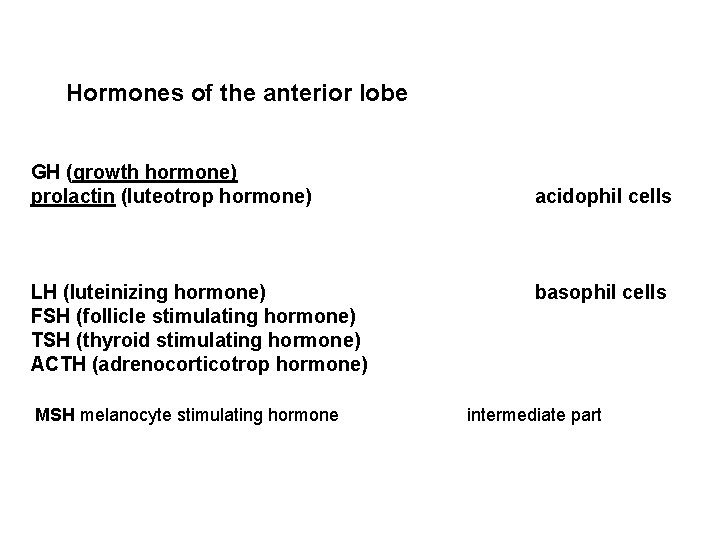Hormones of the anterior lobe GH (growth hormone) prolactin (luteotrop hormone) LH (luteinizing hormone)