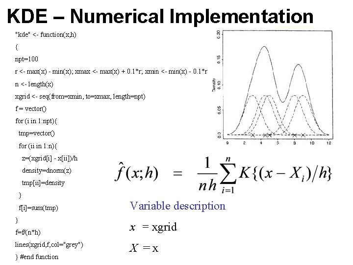 KDE – Numerical Implementation "kde" <- function(x, h) { npt=100 r <- max(x) -