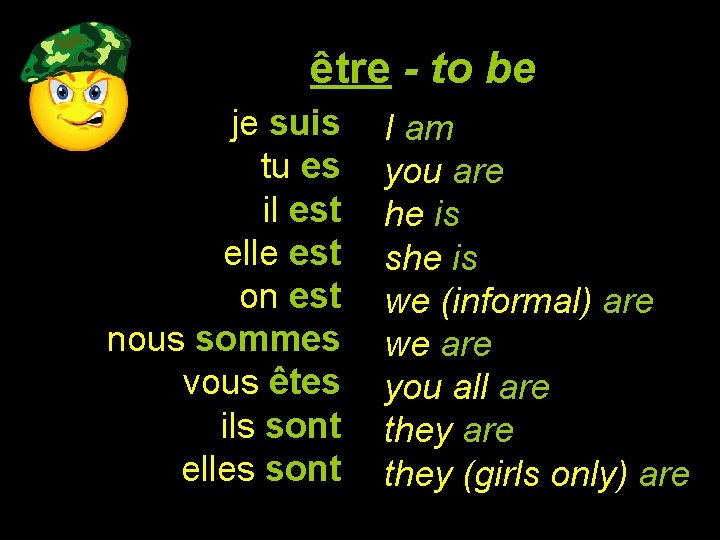 être - to be je suis tu es il est elle est on est