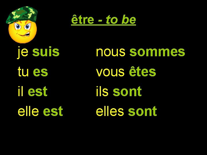 être - to be je suis tu es il est elle est nous sommes