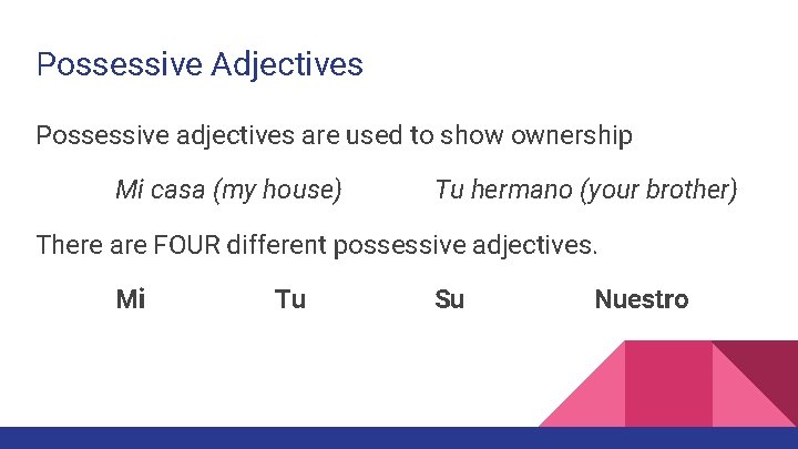 Possessive Adjectives Possessive adjectives are used to show ownership Mi casa (my house) Tu