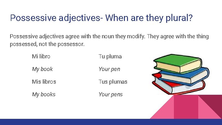 Possessive adjectives- When are they plural? Possessive adjectives agree with the noun they modify.