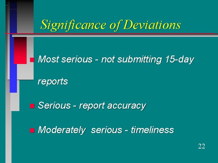 Significance of Deviations n Most serious - not submitting 15 -day reports n Serious
