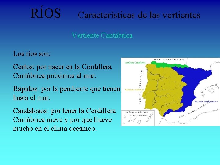 RÍOS Características de las vertientes Vertiente Cantábrica Los ríos son: Cortos por nacer en