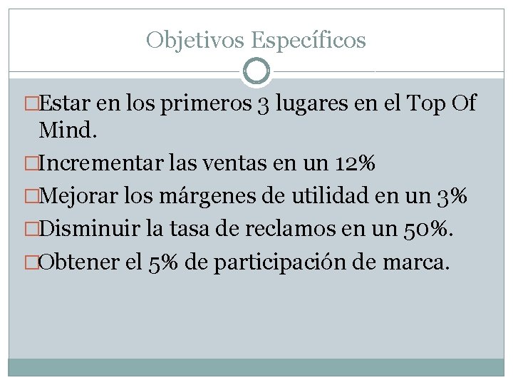 Objetivos Específicos �Estar en los primeros 3 lugares en el Top Of Mind. �Incrementar