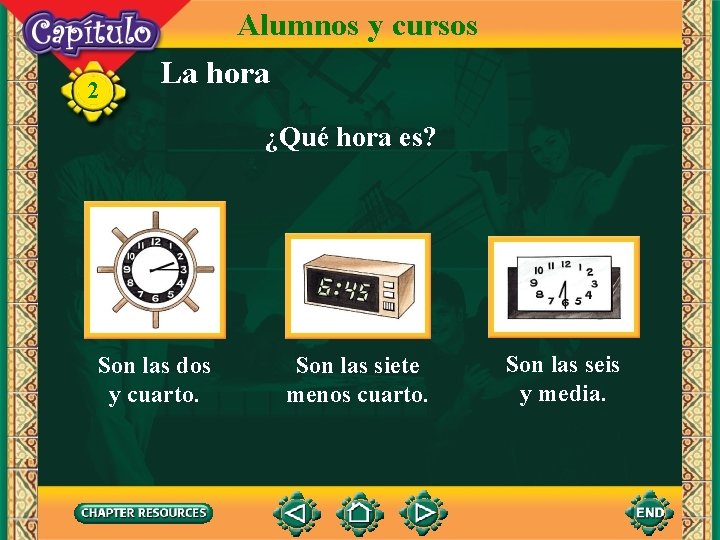 2 Alumnos y cursos La hora ¿Qué hora es? Son las dos y cuarto.