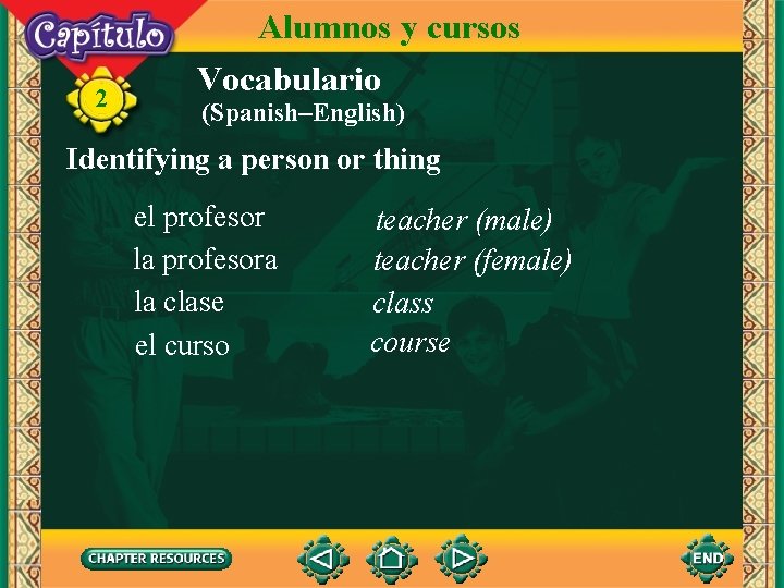 2 Alumnos y cursos Vocabulario (Spanish–English) Identifying a person or thing el profesor la