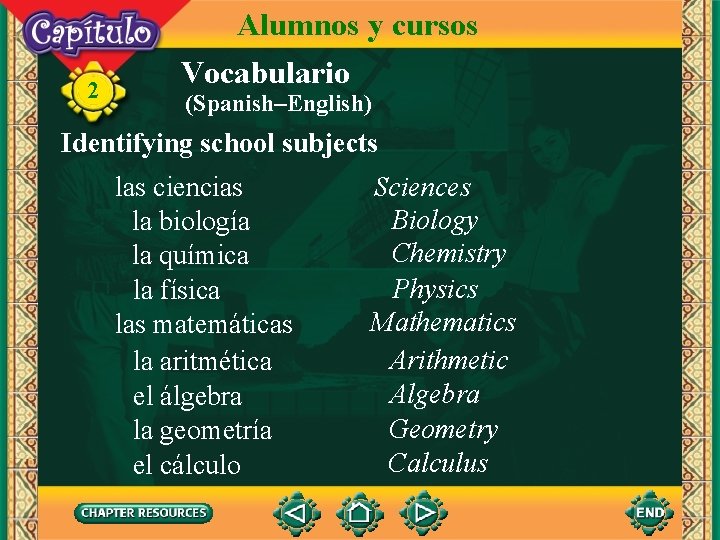 2 Alumnos y cursos Vocabulario (Spanish–English) Identifying school subjects las ciencias la biología la