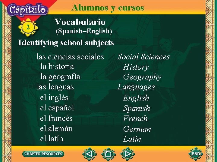 2 Alumnos y cursos Vocabulario (Spanish–English) Identifying school subjects las ciencias sociales la historia