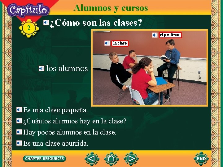 2 Alumnos y cursos ¿Cómo son las clases? el profesor la clase los alumnos