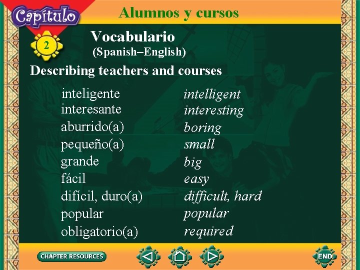 2 Alumnos y cursos Vocabulario (Spanish–English) Describing teachers and courses inteligente interesante aburrido(a) pequeño(a)