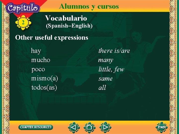 2 Alumnos y cursos Vocabulario (Spanish–English) Other useful expressions hay mucho poco mismo(a) todos(as)