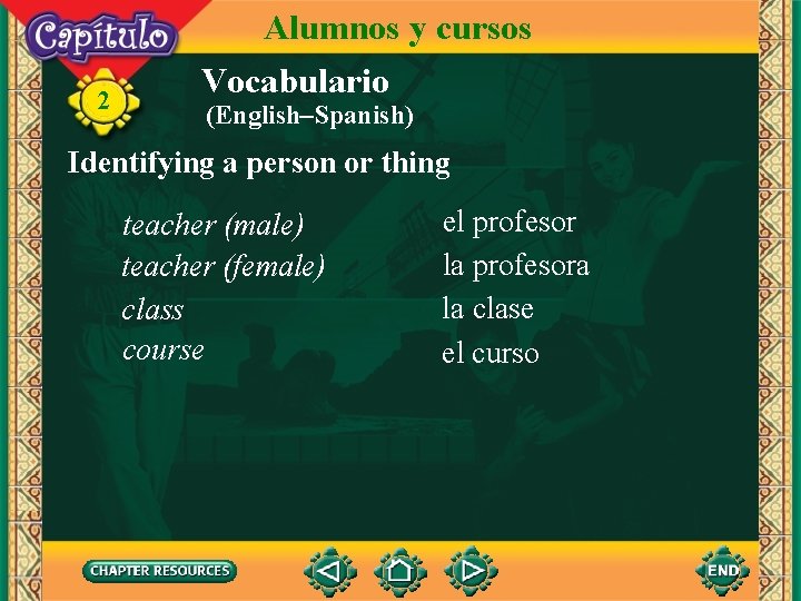 2 Alumnos y cursos Vocabulario (English–Spanish) Identifying a person or thing teacher (male) teacher