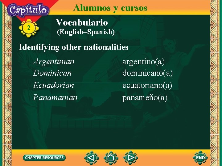 2 Alumnos y cursos Vocabulario (English–Spanish) Identifying other nationalities Argentinian Dominican Ecuadorian Panamanian argentino(a)