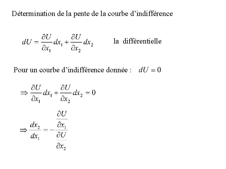 Détermination de la pente de la courbe d’indifférence la différentielle Pour un courbe d’indifférence Détermination de la pente de la courbe d’indifférence la différentielle Pour un courbe d’indifférence
