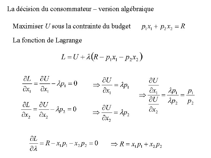 La décision du consommateur – version algébraique Maximiser U sous la contrainte du budget La décision du consommateur – version algébraique Maximiser U sous la contrainte du budget