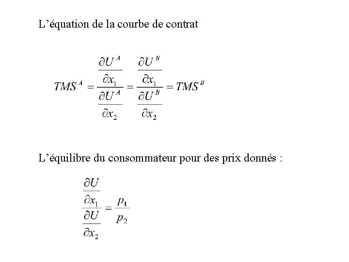 L’équation de la courbe de contrat L’équilibre du consommateur pour des prix donnés : L’équation de la courbe de contrat L’équilibre du consommateur pour des prix donnés :