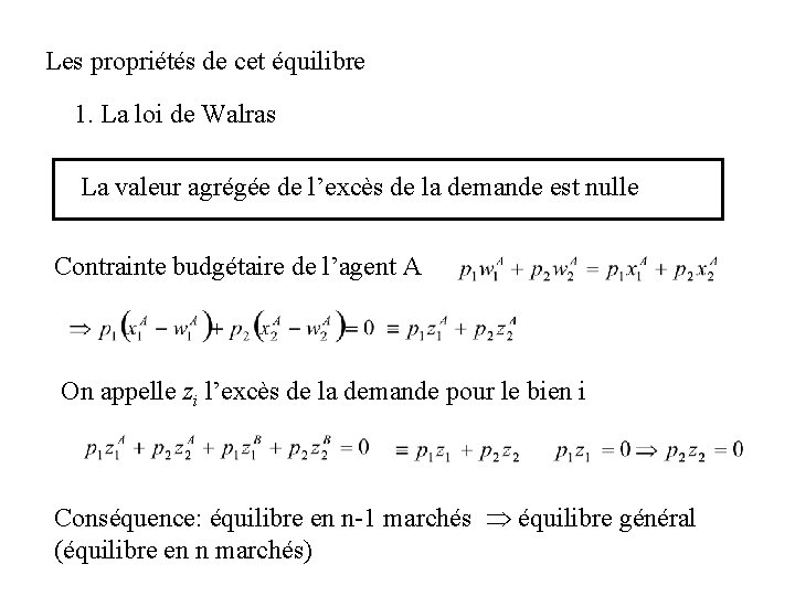 Les propriétés de cet équilibre 1. La loi de Walras La valeur agrégée de Les propriétés de cet équilibre 1. La loi de Walras La valeur agrégée de