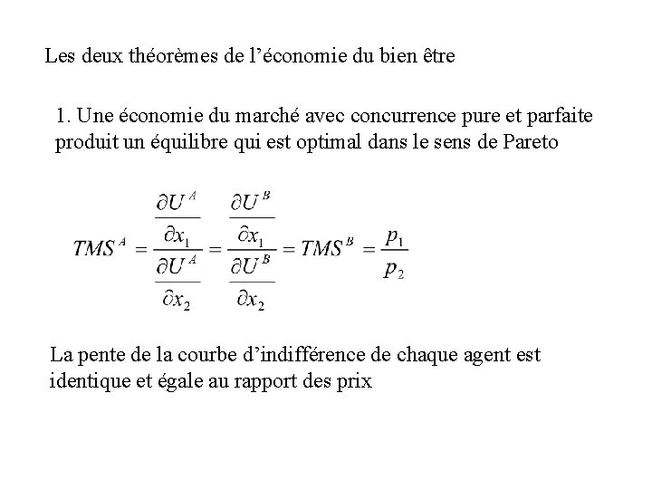 Les deux théorèmes de l’économie du bien être 1. Une économie du marché avec Les deux théorèmes de l’économie du bien être 1. Une économie du marché avec
