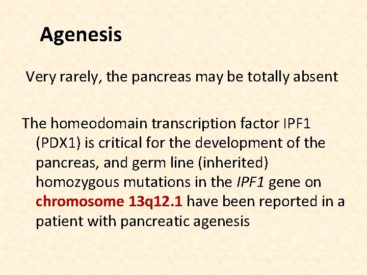 Agenesis Very rarely, the pancreas may be totally absent The homeodomain transcription factor IPF