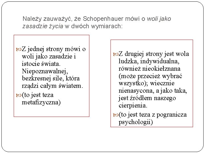 Należy zauważyć, że Schopenhauer mówi o woli jako zasadzie życia w dwóch wymiarach: Z